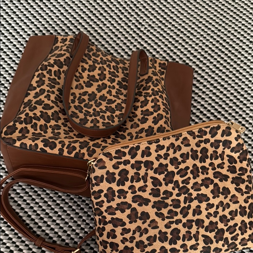 Leopard Print Tote and Clutch Set